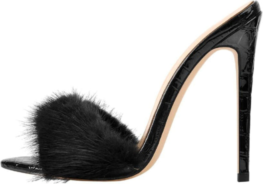 MULES À TALONS AIGUILLES EFFET FOURRURE
