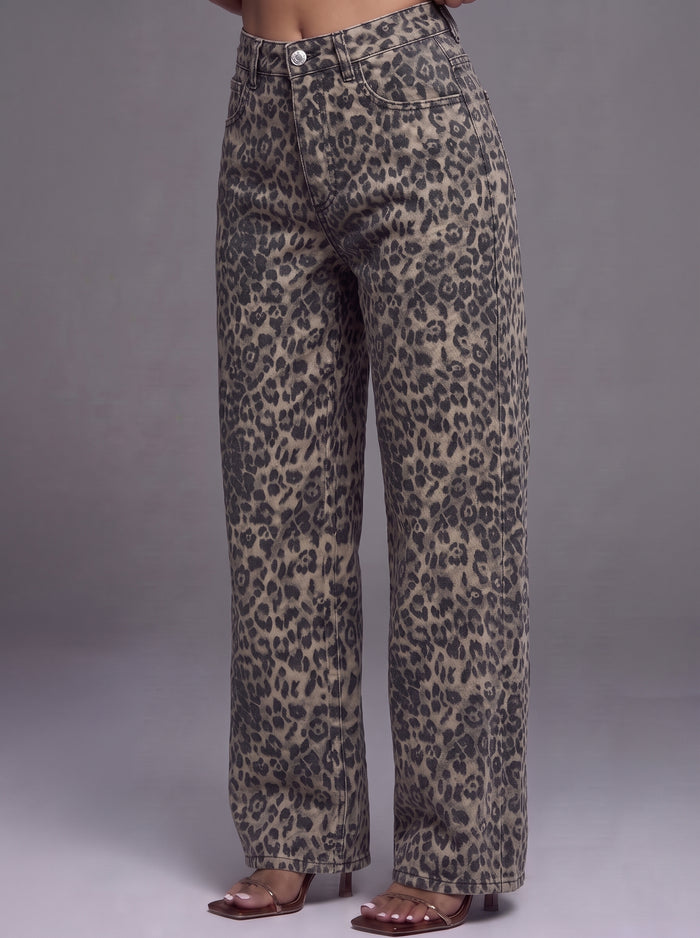 Pantalon large femme imprimé léopard marron