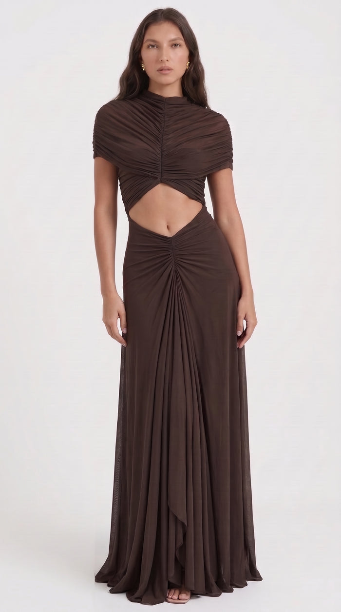 ROBE LONGUE FRONCÉE À COL ROND ET DÉCOUPE À LA TAILLE