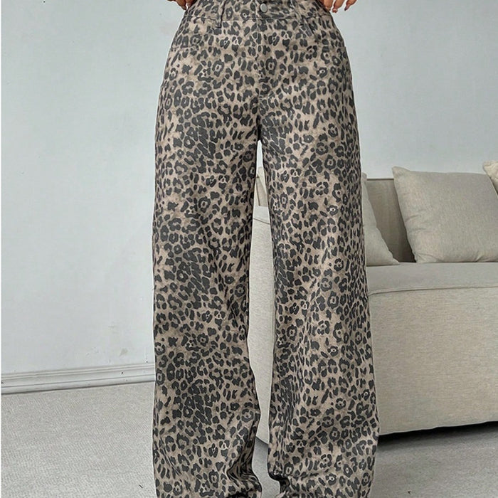Pantalon large femme imprimé léopard marron