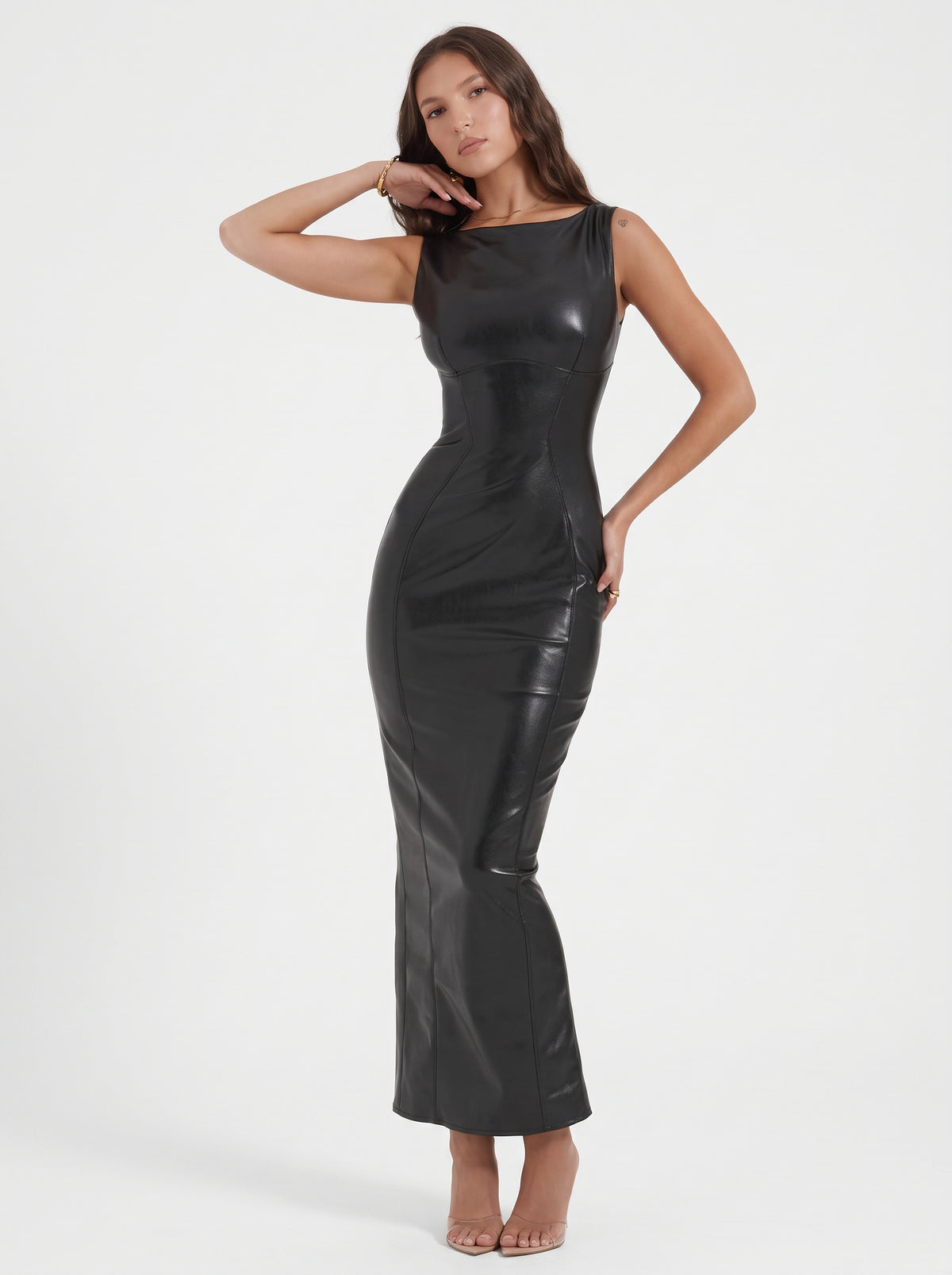 ROBE LONGUE ASYMÉTRIQUE EFFET CUIR