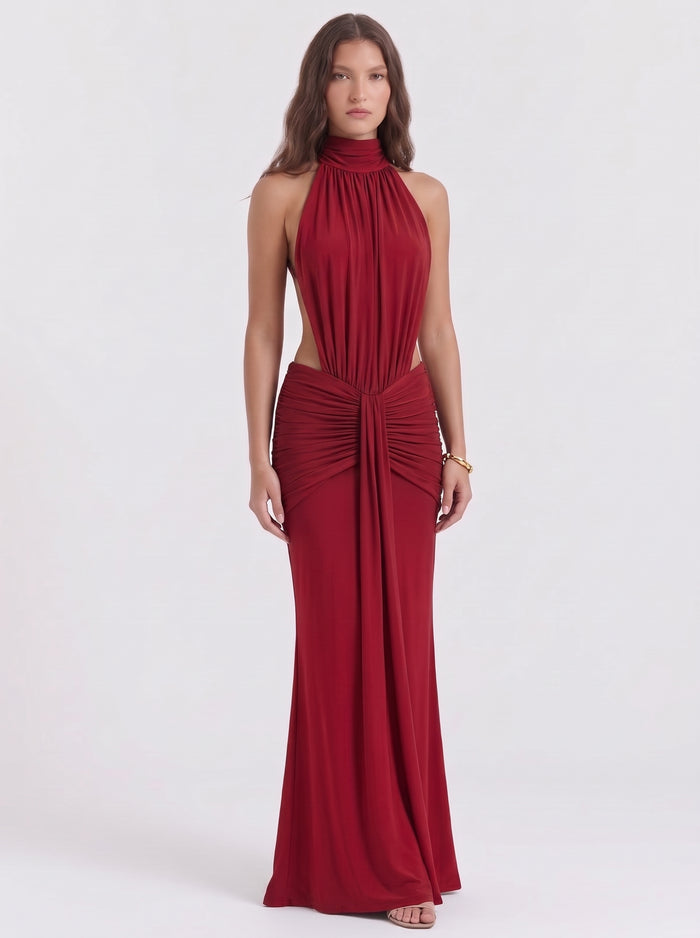 ROBE LONGUE AJUSTÉE À COL LICOU ET TAILLE PLISSÉE
