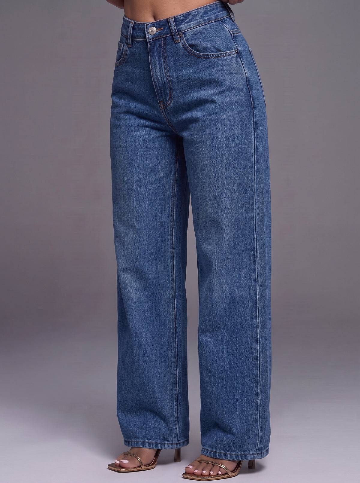 PANTALON EFFET JEAN DROIT À TAILLE HAUTE