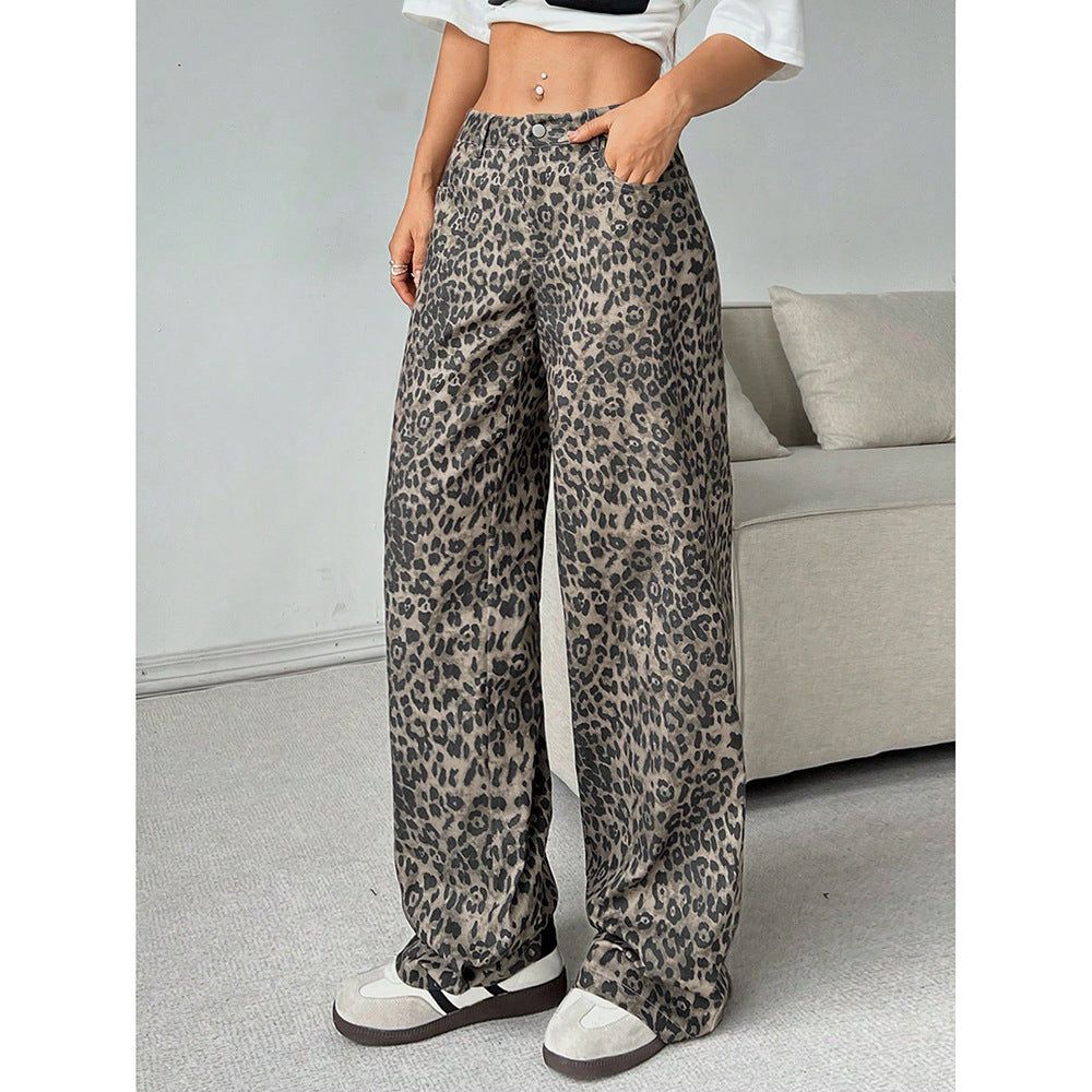 Pantalon large femme imprimé léopard marron
