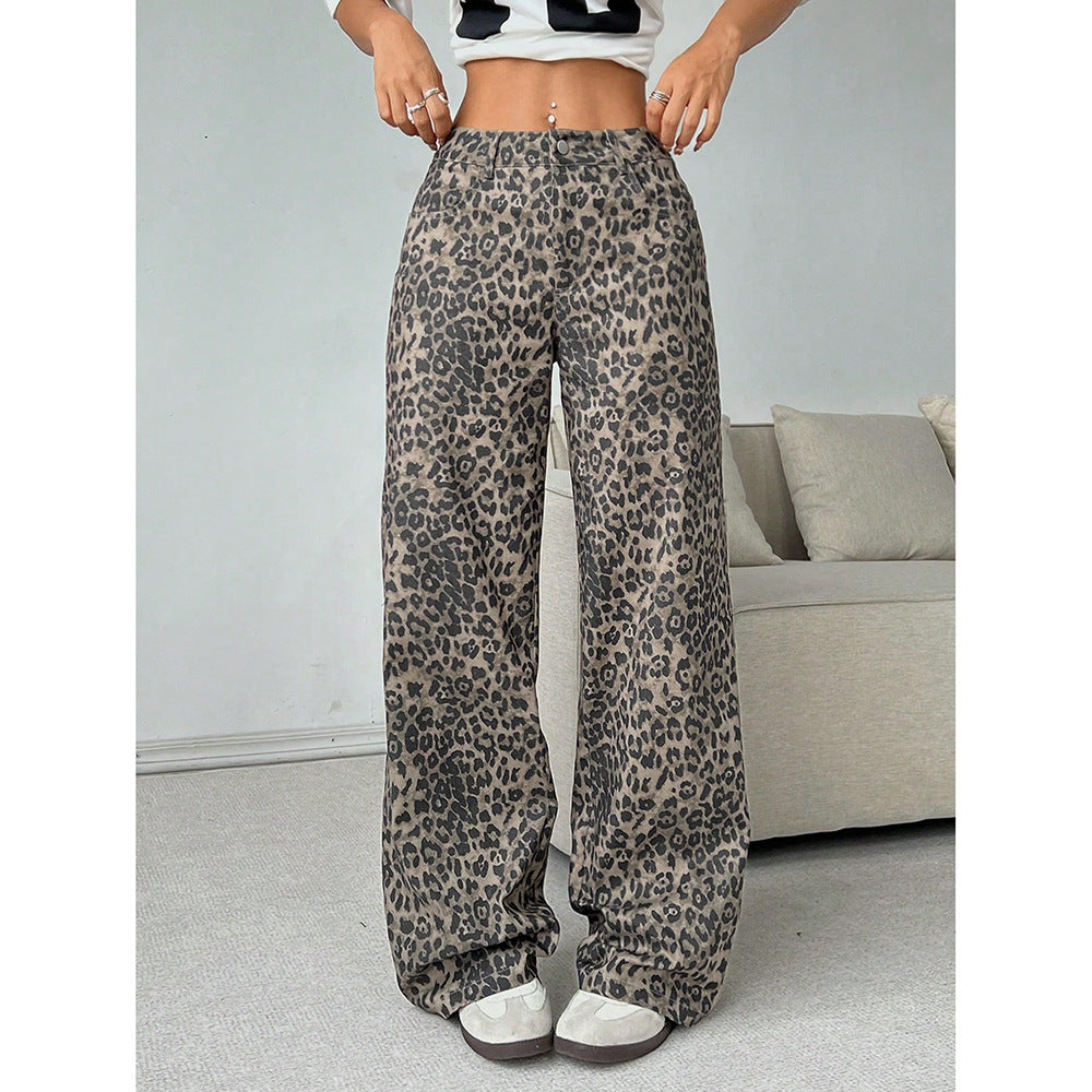 Pantalon large femme imprimé léopard marron