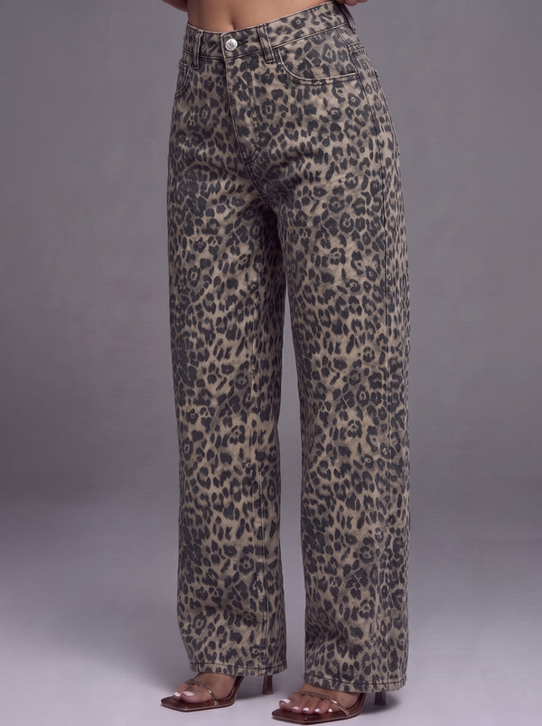 Pantalon large femme imprimé léopard marron