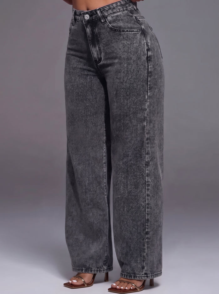 PANTALON EFFET JEAN DROIT À TAILLE HAUTE